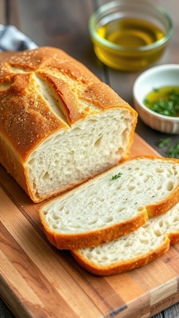 A loaf of gluten-free no-yeast bread, sliced, on a wooden cutting board with olive oil in the background.